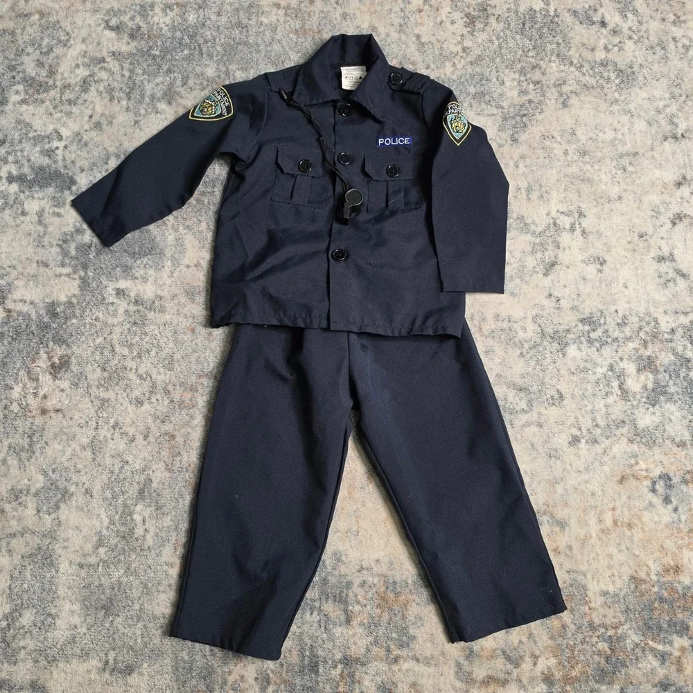 Spirit Halloween Costume Kids 3T-4T Navy Police Officer Shirt Pants Whistle Set